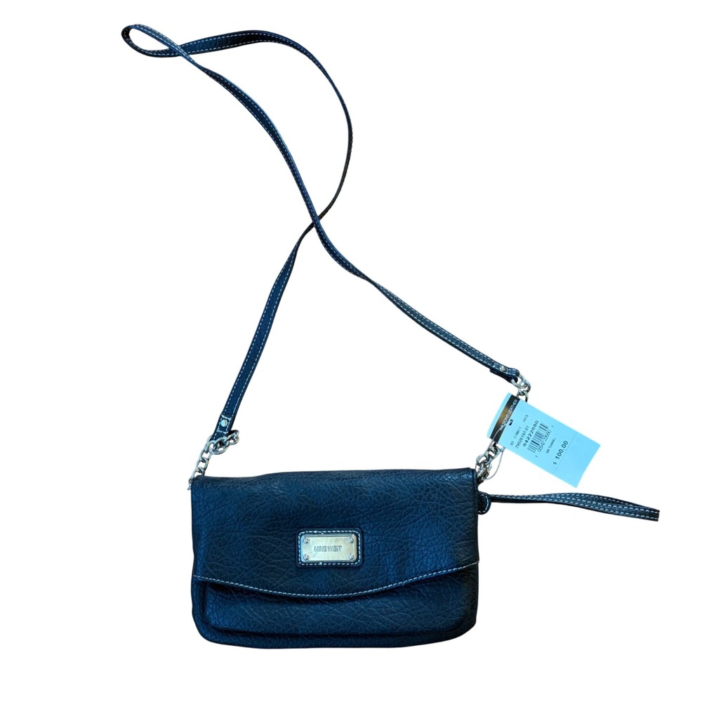 Nine West Tunnel Black Leather Crossbody or‎ Wristlet Bag Silver Chain Strap NEW